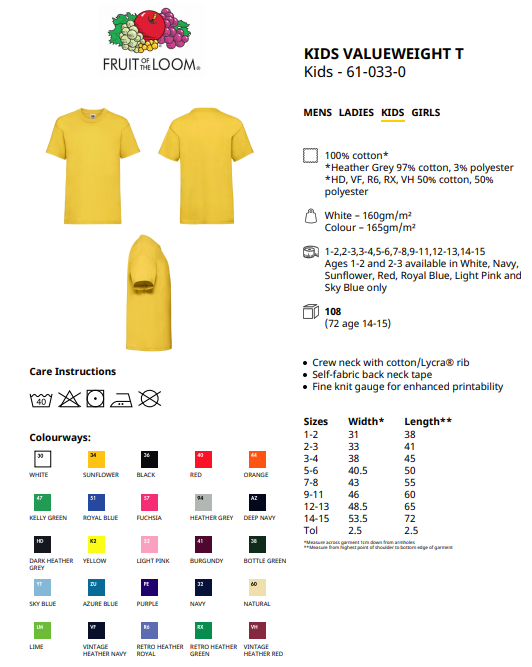 Maattabel voor Kinder T-shirt Fruit Of The Loom Kids Valueweight