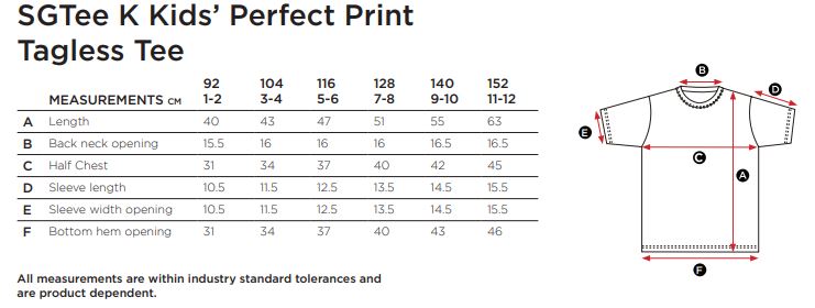 Maattabel voor Kinder T-shirt SG Perfect Print Tagless