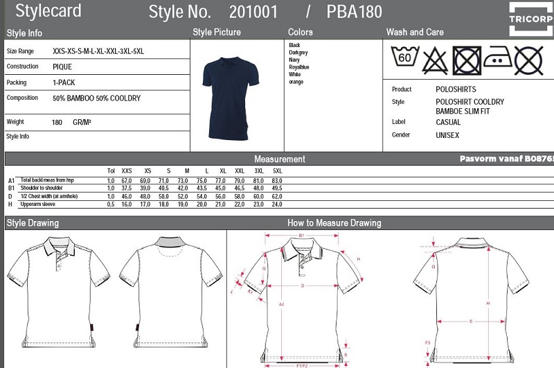 Maattabel voor Poloshirt Tricorp PBA180 Bamboo