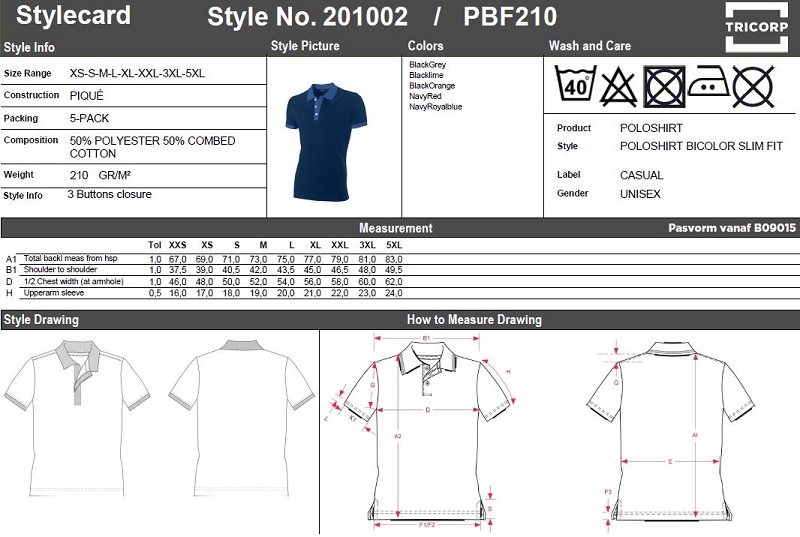Maattabel voor Poloshirt Tricorp PBF210 Bi-Color