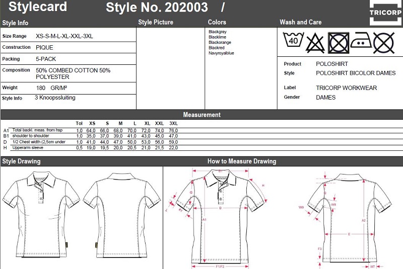 Maattabel voor Poloshirt Tricorp Bicolor Dames