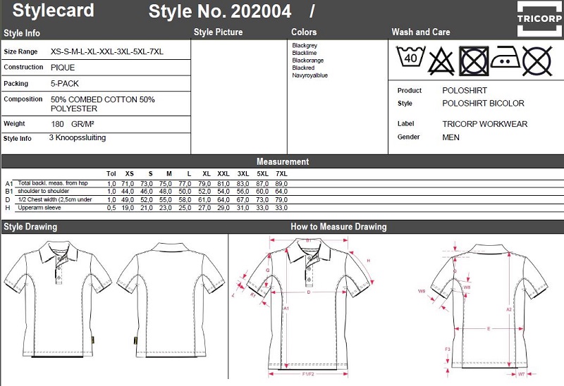 Maattabel voor Polo Tricorp Bicolor 202004