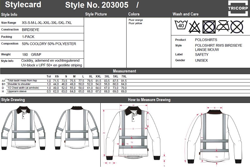 Maattabel voor Poloshirt Tricorp RWS Birdseye LM