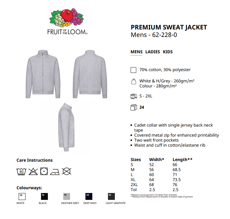 Maattabel voor Sweat Jacket Fruit of the Loom Premium Full Zip