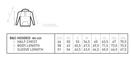 Maattabel voor Sweater B&C Hooded Premium