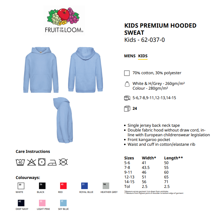 Maattabel voor Kinder Sweater Fruit Of The Loom Kids Hooded Sweatshirt