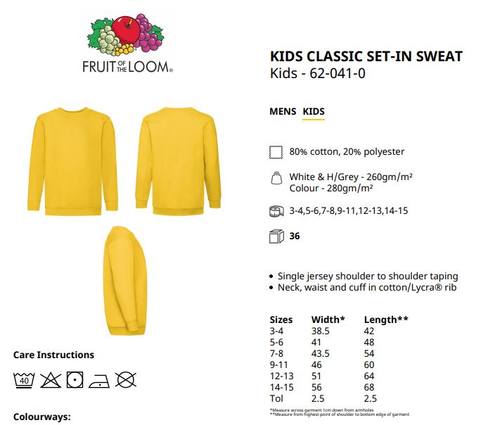 Maattabel voor Kinder Sweater Fruit of the loom Classic Set-in
