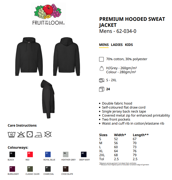 Maattabel voor Sweater Fruit Of The Loom Premium Hooded Zip