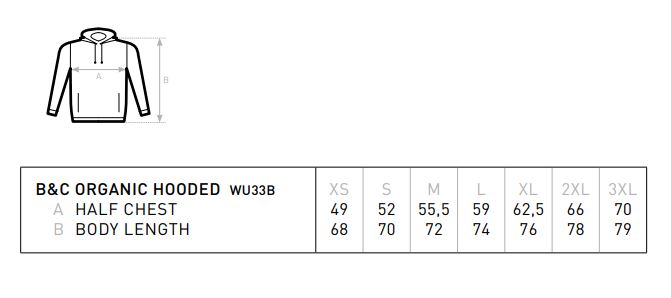 Maattabel voor Hoodie B&C Organic Hooded