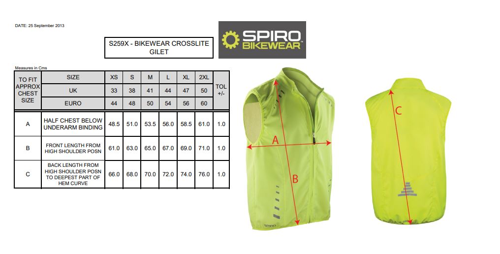 Maattabel voor Spiro Bikewear Crosslite Gilet 053.33