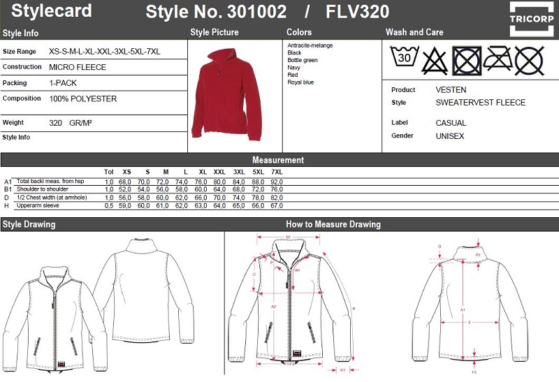 Maattabel voor Fleecevest Tricorp FLV320