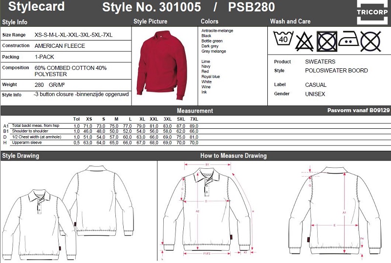 Maattabel voor Polosweater Tricorp Boord PSB280