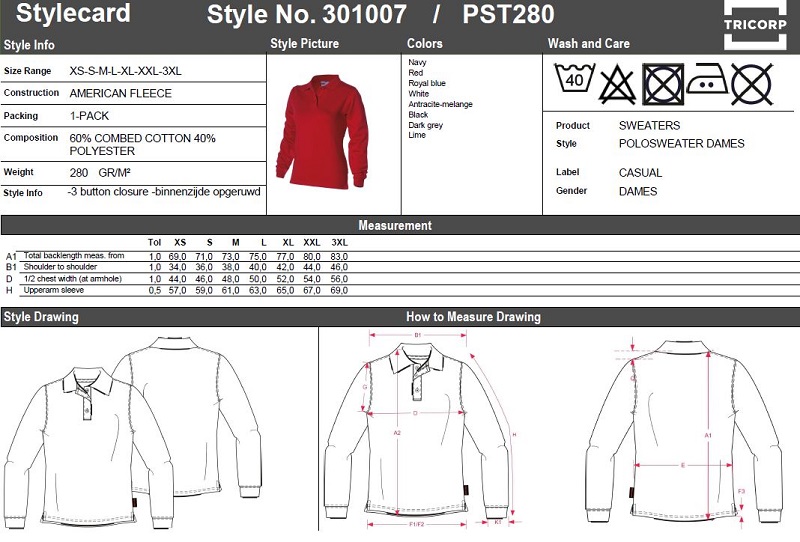 Maattabel voor Damespolosweater Tricorp PST280