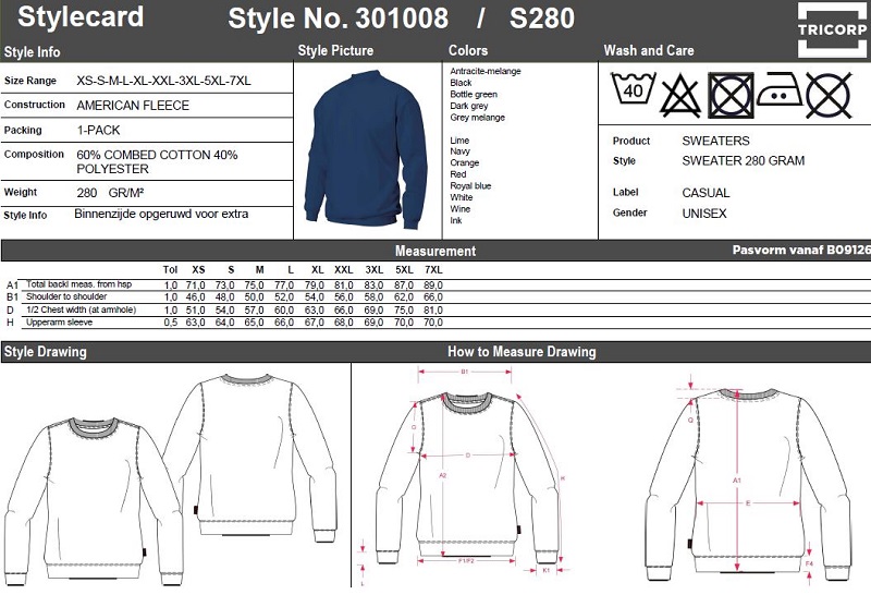 Maattabel voor Sweater Tricorp S280