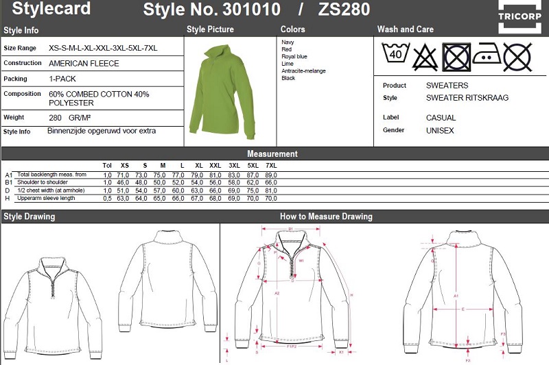 Maattabel voor Sweater Tricorp ZS280 Zip-Neck