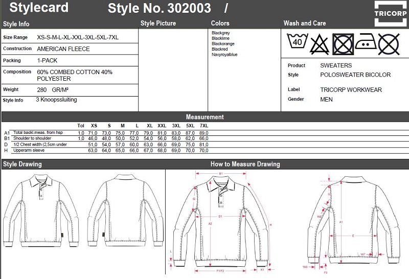 Maattabel voor Polosweater Tricorp Bicolor 302003