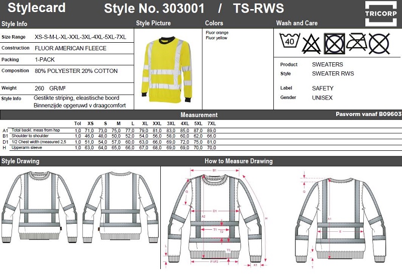 Maattabel voor Sweater Tricorp TS-RWS