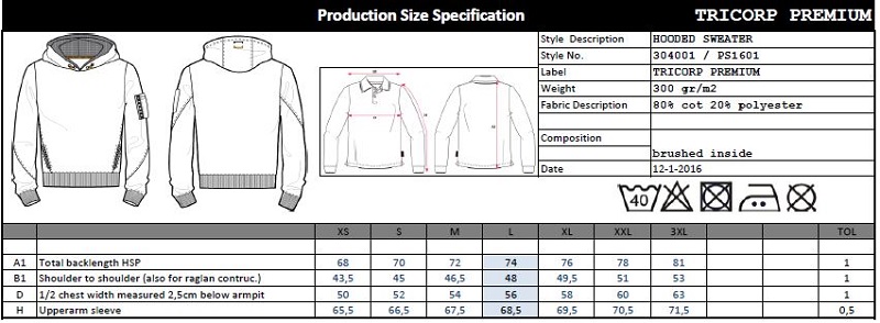 Maattabel voor Heren Sweater Tricorp Premium Hooded 304001