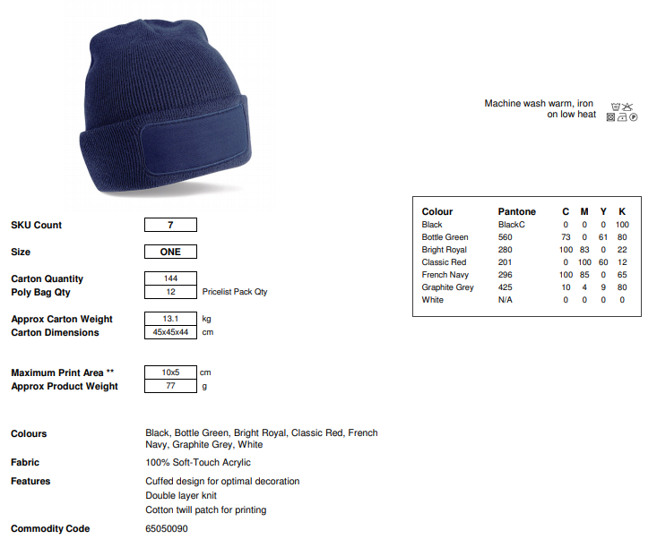 Maattabel voor Muts Beechfield Printers Beanie