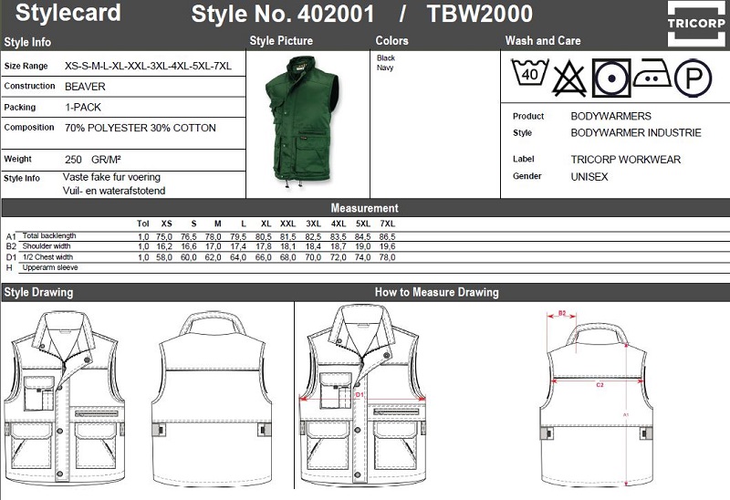 Maattabel voor Bodywarmer Tricorp TBW2000 Industrie