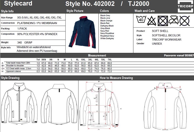 Maattabel voor Softshelljas Tricorp Bi-Color TJ2000