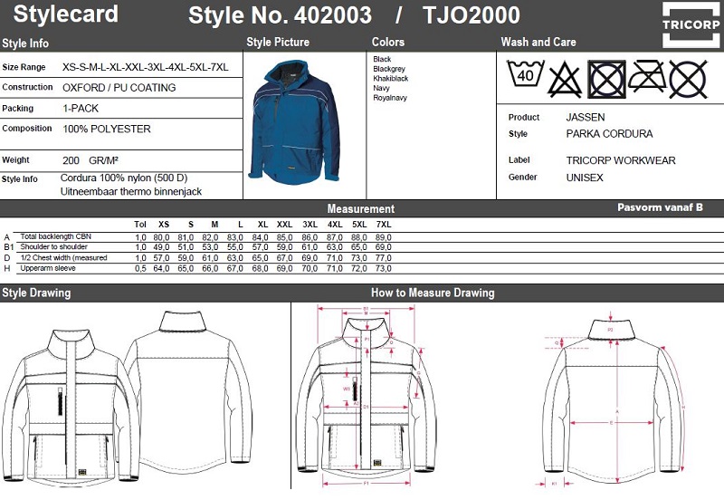 Maattabel voor Parka Tricorp TJO2000 Cordura