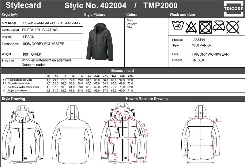 Maattabel voor Parka Tricorp TMP2000 MIDI