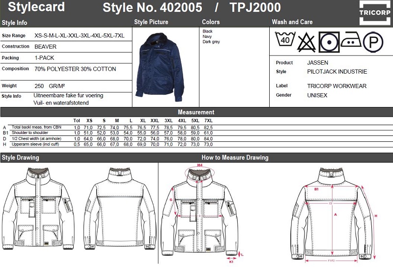 Maattabel voor Pilotenjack Tricorp TJP2000 Industrie