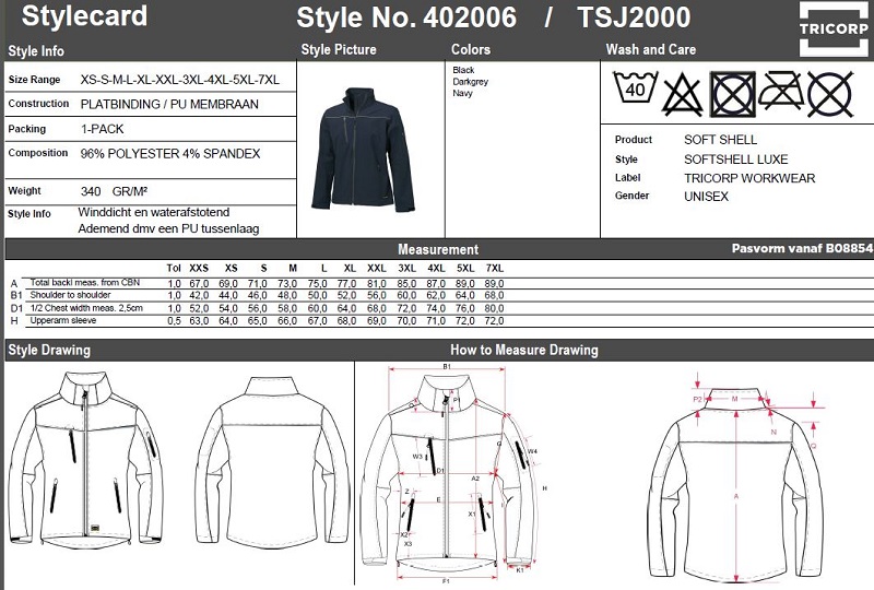 Maattabel voor Softshelljas Tricorp TSJ2000