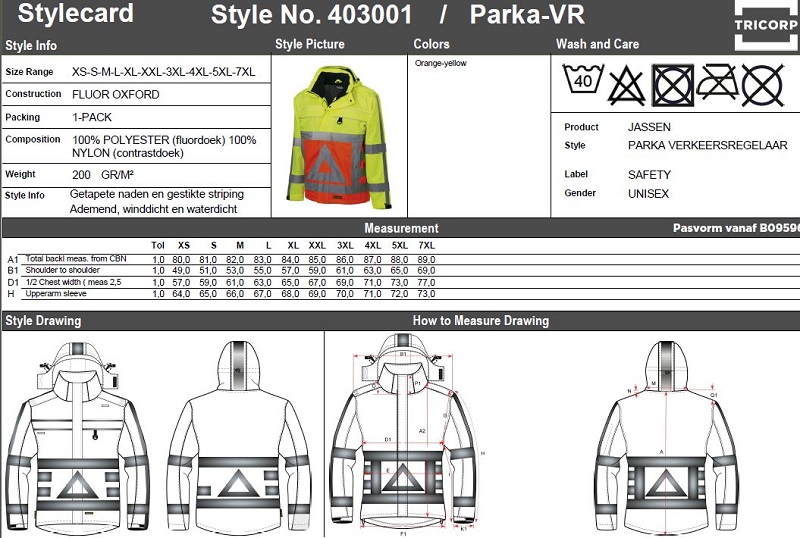 Maattabel voor Signaaljas Tricorp Verkeersregelaar Parka-VR