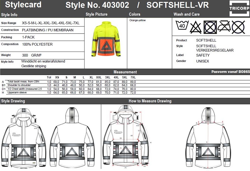 Maattabel voor Signaaljas Tricorp Softshell-VR