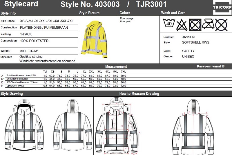 Maattabel voor Softshelljas Tricorp TJR3001 RWS