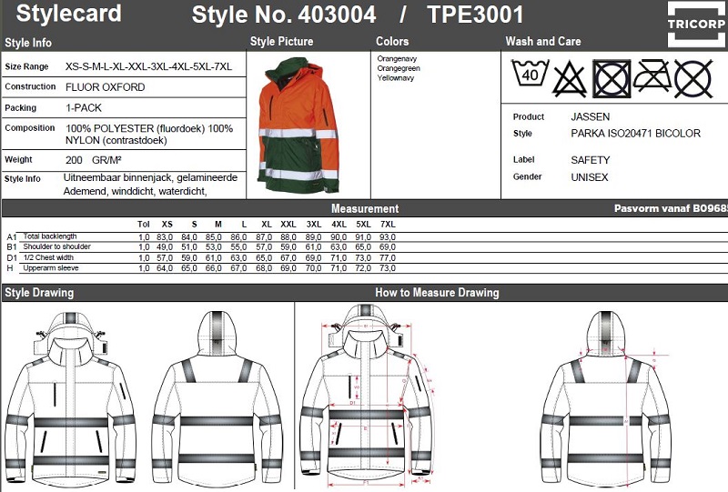 Maattabel voor Parkajas Tricorp TPE3001 BI-COLOR