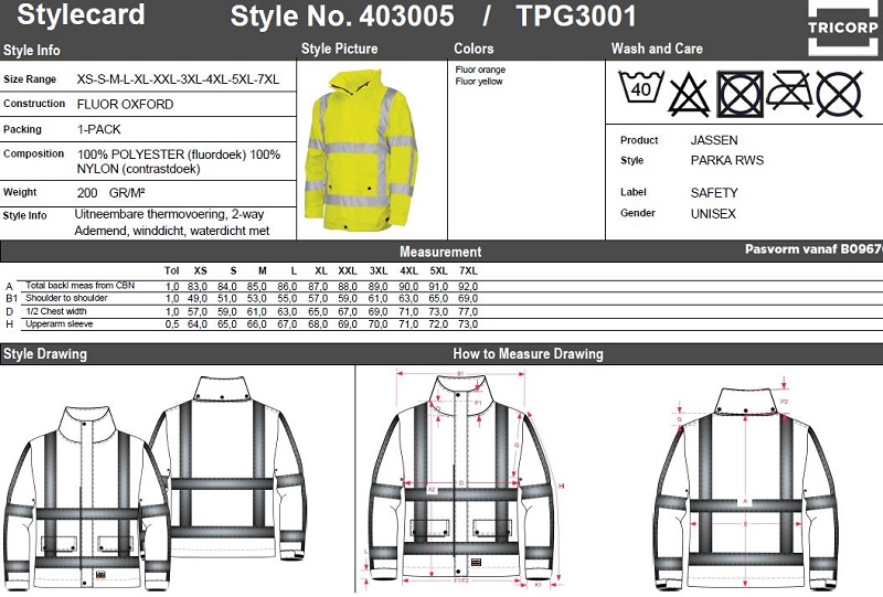 Maattabel voor Parka Tricorp TPG3001 RWS