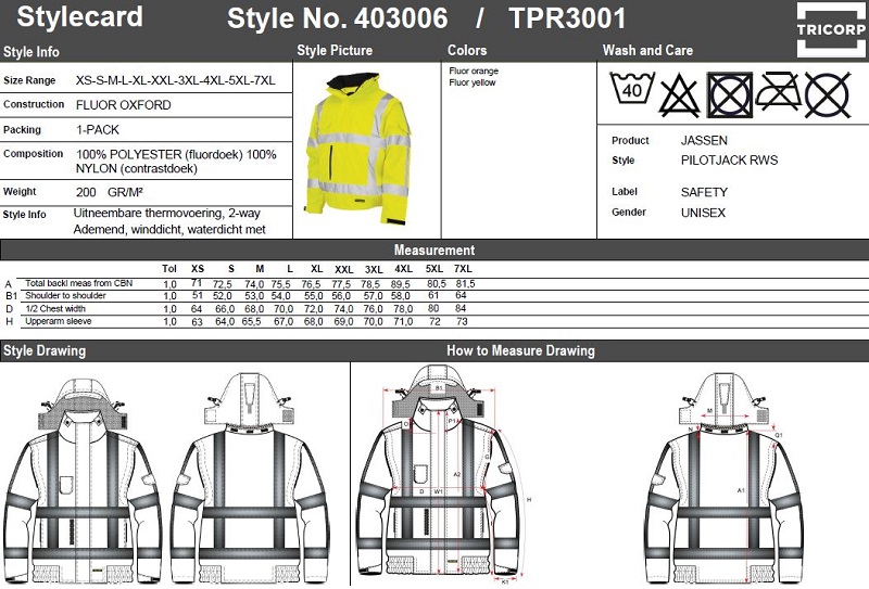 Maattabel voor Pilotenjas Tricorp TPR3001 RWS