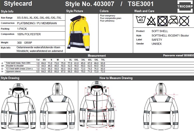 Maattabel voor Softshelljas Tricorp TSE3001 Bi-Color