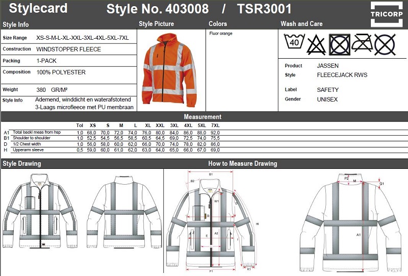 Maattabel voor Fleecejas Tricorp TSR3001 Windstopper RWS