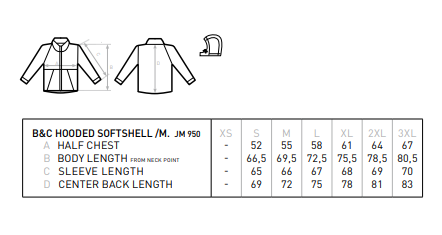 Maattabel voor Heren Softshelljas B&C Hooded