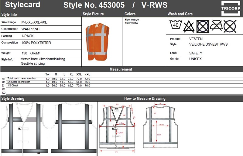 Maattabel voor Veiligheidsvest Tricorp V-RWS