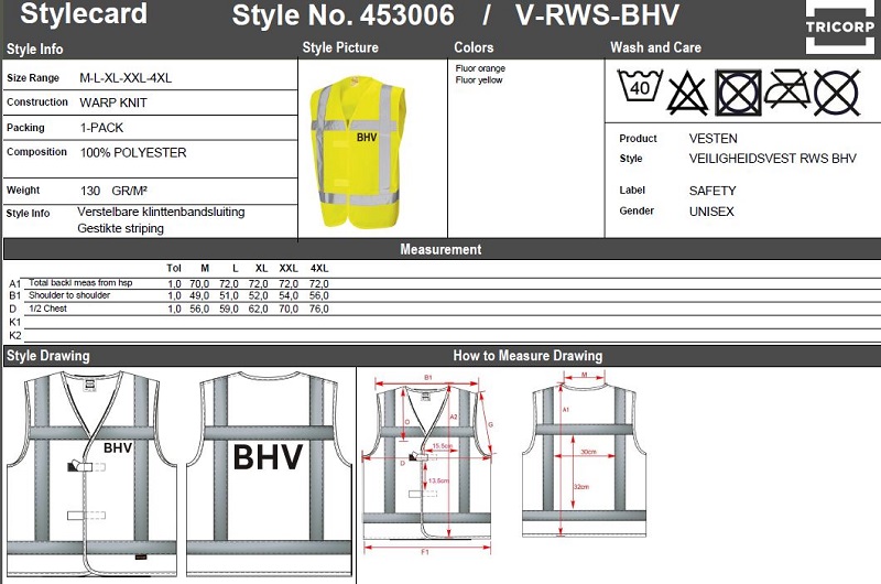 Maattabel voor Veiligheidsvest Tricorp V-RWS-BHV