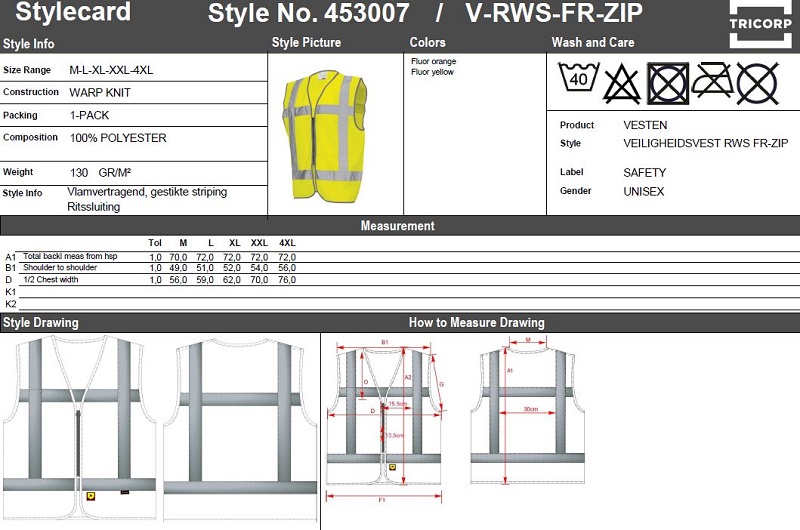 Maattabel voor Veiligheidsvest Tricorp V-RWS-FR-ZIP vlamvertragend