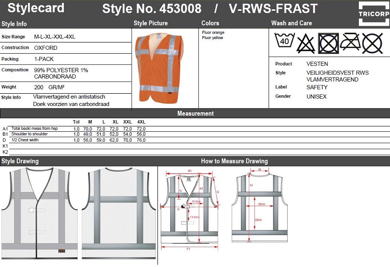 Maattabel voor Veiligheidsvest Tricorp V-RWS-FRAST vlamvertragend & antistatic