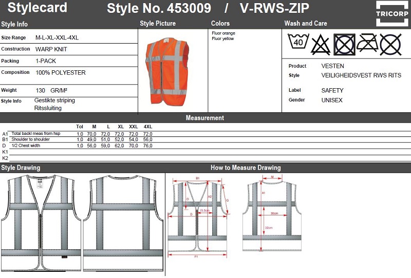 Maattabel voor Veiligheidsvest Tricorp V-RWS-ZIP met rits