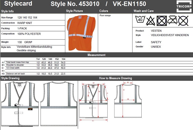 Maattabel voor Kinderveiligheidsvest Tricorp 453020