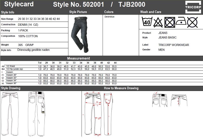 Maattabel voor Jeans Tricorp TJB2000 Basic