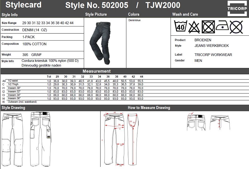 Maattabel voor Jeans Tricorp TJW2000 Worker
