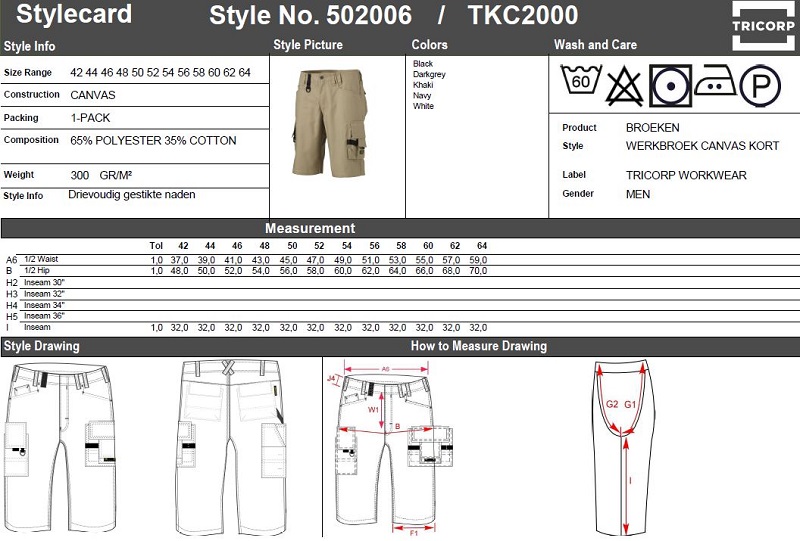 Maattabel voor Worker Canvas Tricorp TKC2000 Kort Model