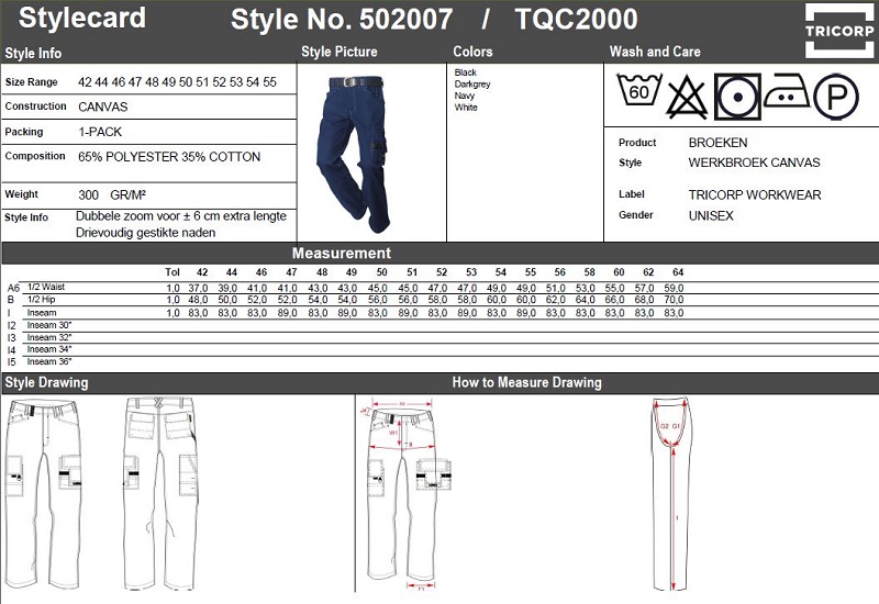Maattabel voor Werkbroek Tricorp TQC2000 Canvas