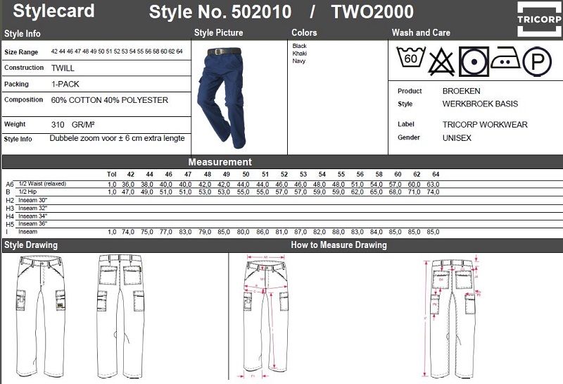 Maattabel voor Werkbroek Tricorp TWO2000 Worker