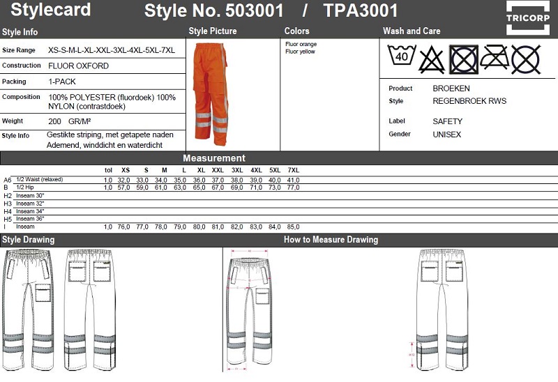 Maattabel voor Regenbroek Tricorp TPA3001 RWS